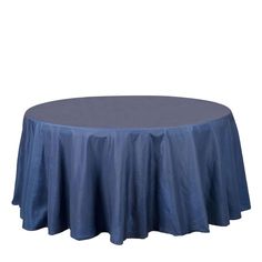 a round table with a blue cloth on it