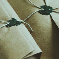 two brown envelopes tied with twine and green waxed paper on top of each other