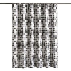 a shower curtain with black and white squares on it