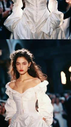 two pictures of the same woman in white gowns, one with her hair pulled back