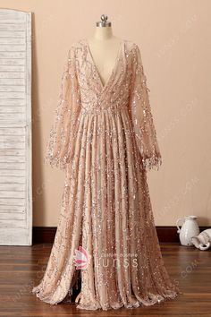 Champagne V-neck Gown With Sequins, Gold Long Sleeve Sequin Prom Dress, Plus Wedding Dresses, Mother Dresses, Second Wedding, Plus Size Gowns, Plus Size Prom, Prom Dresses Modest, Evening Dress Fashion