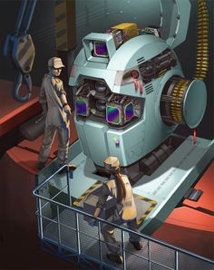 two people standing in front of a large robot