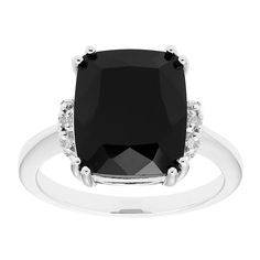 This stunning sterling silver diamond accent and black onyx ring is a must-add to your fine jewelry collection. This stunning sterling silver diamond accent and black onyx ring is a must-add to your fine jewelry collection. Width: 12.58 mm Metal: sterling silver Finish: polished Packaging: boxedSTONE DETAILS Stone type: onyx Total weight: 4 3/4 ct. Shape: cushion cut Setting: prongDIAMOND DETAILS Total weight: less than 1/10 ct. Shape: round Setting: micro pave Diamond weights are approximate. D Black Cubic Zirconia Jewelry With Polished Finish, Formal Black Spinel Jewelry With Diamond Accents, Classic Black Spinel Diamond Ring For Formal Occasions, Classic Formal Black Diamond Ring, Black Oval Cubic Zirconia Rings, Black Rings With Diamond Accents And Black Spinel, Classic Black Spinel Ring For Formal Occasions, Black Spinel Rings With Diamond Accents, Classic Formal Black Spinel Rings