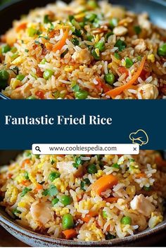 a bowl filled with rice, peas and carrots next to another bowl full of fried rice