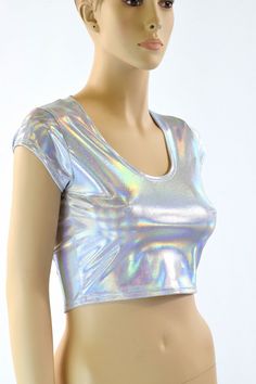 Silvery White FLASHBULB Holographic Cap Sleeve by CoquetryClothing Fitted Iridescent Tops, Metallic Shiny Fitted Tops, Fitted Metallic Shiny Tops, Fitted Metallic Tops For Festival, Fitted Silver Top For Festivals, Holographic Crop Top, Holographic Top, Festival Outfit Inspiration, Olive Branch