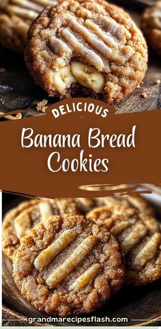 delicious banana bread cookies on a wooden board with text overlay that reads delicious banana bread cookies