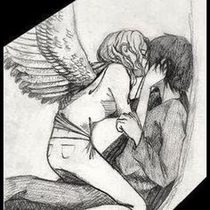 a drawing of two people sitting next to each other with angel wings on their back