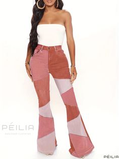 Peilia - Modern High Rise Colorblock Bell Bottom Wide Leg Flare Jeans, featuring High Waist Patchwork for a Curvy Fit. Stylish Flare Denim Pants, perfect for Womens Fashion and Casual wear Wide Leg Flare Jeans, Bell Bottom, Denim Flares, Bell Bottoms, Denim Pants, Flare Jeans, Color Blocking, Casual Wear, High Waist