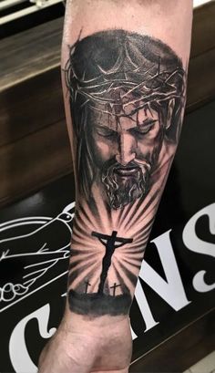 Jesus Forearm Tattoo, Jesus Tattoo Sleeve, Religous Tattoo, Religious Tattoo Sleeves, Jesus Christ Tattoo, Backpiece Tattoo