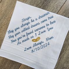 100% Cotton Color: White Dimensions: 16W x 16L inches Material: Cotton Please enter the following information: 1. Son's name 1. From who (mom, dad, mom & dad) --if used mom & dad "my" will be changes to "our"... ext 2. Wedding day in the format to be embroidered PLEASE BE AWARE -- All the personal information such as date and name will be put the way it was spelled in the message. Please check capitalization, date format, spelling  GIFT BOXES AVALIABLE FOR PURCHASE Please follow the link https:/ Customizable Wedding Handkerchiefs For Mother's Day, Customizable Handkerchiefs For Wedding And Mother's Day, Classic Personalized Wedding Handkerchiefs, Classic Wedding Handkerchiefs For Father's Day, Custom Text White Handkerchiefs For Wedding, White Custom Text Handkerchiefs For Wedding, White Handkerchiefs With Custom Text For Wedding, Son On His Wedding Day, Personalized Handkerchief