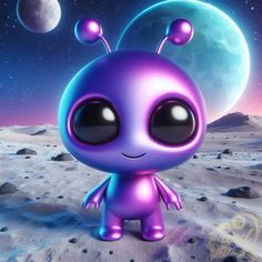 a purple alien standing on top of a desert covered in snow next to the moon