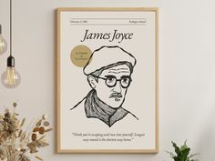 a portrait of james joyce hangs on the wall