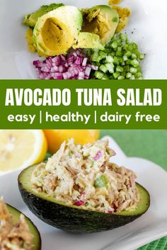 avocado tuna salad in an avocado cut in half on a plate