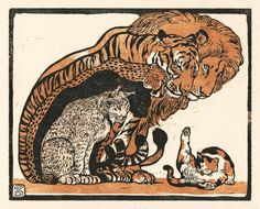 an image of two cats and a tiger in the same drawing as another cat lays on the ground