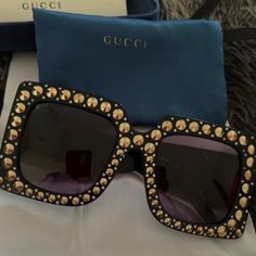 Very Nice Barely Used Gucci Luxury Multicolor Sunglasses, Luxury Gucci Sunglasses With Metal Frame, Yellow Tinted Gucci Sunglasses, Gucci Black Anti-reflective Sunglasses, Black Gucci Sunglasses With Anti-reflective Coating, Rhinestone Sunglasses, Gucci Accessories, Gucci Black, Colored Sunglasses