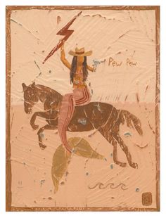 a painting of a native american woman riding a horse with a lightning bolt in her hand