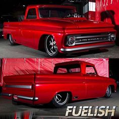 two pictures of an old red truck with chrome wheels and rims, one showing the front end