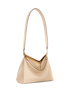 Beige leather Vela shoulder bag featuring metal frame, signature Pegaso motif, logo charm, detachable shoulder strap, single top handle, clasp fastening and metal feet, 34 x 26 x 14 cm | Etro Women's Beige Leather Vela Shoulder Bag in Leather Brown | SS24 Modern Beige Shoulder Bag With Logo Strap, Beige Shoulder Bag With Logo Strap, Luxury Tan Leather Trim Shoulder Bag, Luxury Beige Tapestry Shoulder Bag, Etro Vela Bag, Etro Bags 2022, Italian Textiles, Pale Gold, Metal Accessories