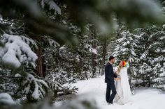 a bride and groom standing in the snow surrounded by pine trees, looking at each other