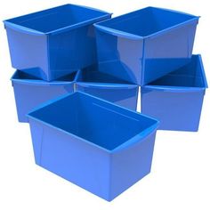 six blue plastic storage bins stacked on top of each other, with one empty container in the middle