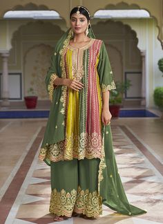 Green Wedding Gharara Suit Wedding Gharara, Gharara Suits, Embroidery Wedding, Party Suits, Sequence Work, Cut Top, Indian Clothes, Indian Clothing, Thread Embroidery