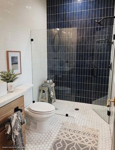 a white toilet sitting next to a walk in shower