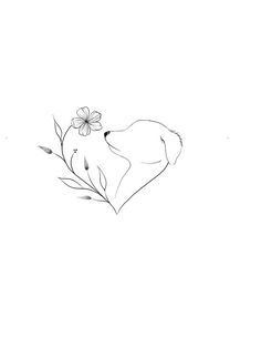 a black and white drawing of a dog smelling a flower in the shape of a heart