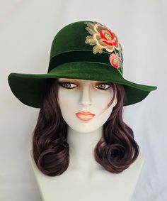 "ONE OF A KIND" Hand blocked, designer quality, millinery velour felt hat! I steam and hand block my hats on wood millinery forms. Many of the blocks are vintage. Beautiful deep emerald green color.  Decorated with stunning vintage applique.  The applique was handmade in the 1920's and is in mint condition. It is embroidered with silky rayon thread and hand painted. Vintage rayon velvet ribbon was made in France it is super lustrous.  Nice floppy brim and a crown that has a slight bowler shape t Green Adjustable Felt Hat For Kentucky Derby, Green Short Brim Felt Hat For Kentucky Derby, Vintage Green Fedora With Curved Brim, Vintage Green Fedora With Short Brim, Vintage Green Brimmed Fedora, Green Vintage Fedora With Short Brim, Vintage Green Mini Hat With Short Brim, Handmade Green Brimmed Felt Hat, Green Vintage Mini Hat With Short Brim