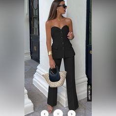 Composition: 94% Polyester, 6% Elastane Design: Plain Style: Casual Thickness: Regular Material: Woven Fabric Occasion: Leisure Black Bustier Top, Black Pantsuit, Black Pant Suit, Cream Trousers, Black Bustier, Professional Wear, Guest Attire, Plain Style, Wedding Attire Guest