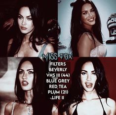 three pictures of a woman with different facial expressions and hair colors, including the words miss fox filters beverly vvsii 4 blue grey red tea plum 21 life ii