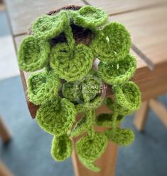 a green crocheted plant sitting on top of a wooden chair next to a table