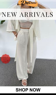 Open Front Tie-up Shirt Long Pants Set Casual Relaxed Fit Cotton Pant Set, Solid Color High-waisted Pants Set For Summer, Solid High-waisted Pants Sets For Summer, Summer Solid Color High-waisted Pants Set, Summer Sets With Solid High-waisted Pants, Relaxed High Waist Pants For Spring, Relaxed High Waist Spring Pants, White Plain Bottoms For Summer, Solid Color Straight Beach Pants