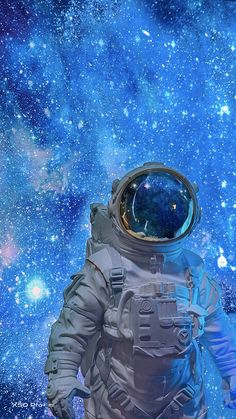 an astronaut standing in front of a blue and white background with stars on the sky