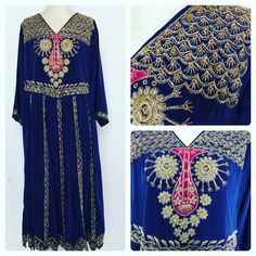 Vintage dress 1970's Fancy Hand embroidered cobalt blue and gold. Would fit a Modern Medium but please see the measurements and compare to yours. Boho chic. Spring Brides maid? Ethnic style so perhaps an Indian or Afghani piece.  Bust 36", waist 36", hips very full, 3/4 sleeve length 16", length 44". This unlined dress fits so beautifully and the material is soft and silky, no maker or fabric tags. It is in Very good condition. I am listing a lot of Vintage 1940-80's clothing the next couple of Traditional Gold Embroidered Festive Dress, Gold Embroidered Festive Dress, Traditional Blue Embroidered Floor-length Dress, Long Sleeve Blue Dress For Festivals, Blue Long Sleeve Dress For Festivals, Blue Bohemian Embroidered Dress For Festive Season, Royal Style Dresses For Party And Festivals, Traditional Party Kaftan With Gold Embroidery, Party Kaftan With Gold Embroidery For Festivals