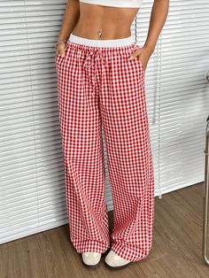 Casual Plaid Wide Leg Pants With Double High Waist Red Casual   Woven Fabric Plaid Straight Leg Non-Stretch  Women Clothing, size features are:Bust: ,Length: ,Sleeve Length: Red Gingham Pants Outfit, Red Checkered Pants, Disney Fits, Summer 25, High Waist Wide Leg Pants, Wide Trousers, Estilo Chic, Red Pants, Plus Size Pants