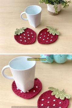 crocheted strawberry coasters with matching cups and saucers to make them look like they have strawberries on them