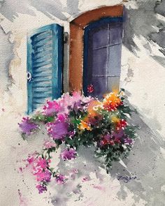 watercolor painting of an open window with flowers in the foreground and blue shutters