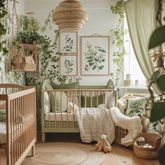 a baby's room with plants on the wall and greenery hanging from the ceiling