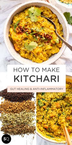 how to make kitchari with herbs and other ingredients in bowls, including spices