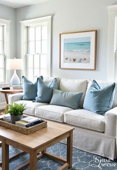 Coastal Style Decorating ideas, Coastal Style Decorating Blue Sofa Living Room Coastal, Beach Couch Coastal Style, Boho Coastal Living Rooms Blue, Blue Coastal Living Room, Blue Coastal Pillows, Coastal Style Living Room, Florida Decorating, Coastql Blue Pillows, Agriculture Industry