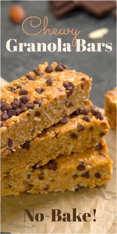 no bake chewy granola bars with chocolate chips on top