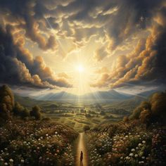 a painting of a person walking down a path towards the sun with clouds in the sky