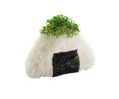 the sushi is covered in white rice and garnished with green leaves