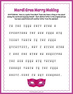 the mardi gras merry making activity is shown in pink and white with an ornate border