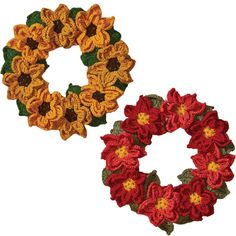 two crocheted wreaths with flowers on them, one is red and the other is yellow