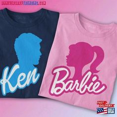 two t - shirts with the words ken and barbie printed on them, one in pink and blue