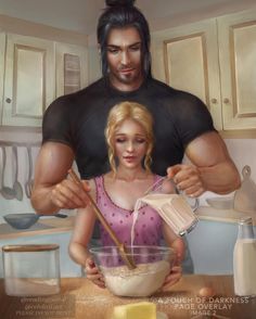 a painting of a man and a woman in the kitchen with ingredients being mixed together