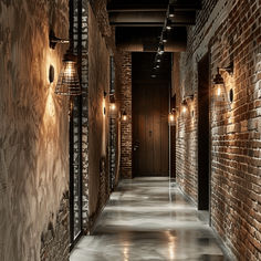 a long hallway with brick walls and lights on either side of the wall, leading to another room