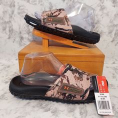 Brand New With Tags No Box 2022 Under Armour Fat Tire Sway Slides Camo Upper Black Footbed Michelin Wild Gripper Outsole Men's Size 8 Casual Brown Slides For Outdoor, Casual Brown Outdoor Slides, Michelin Tires, Black Slides, Under Armour Shoes, Fat Tire, Shoes Brand, Under Armour Men, Mens Sandals