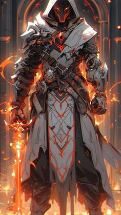 an image of a man in armor with fire coming out of his chest and hands on his hips